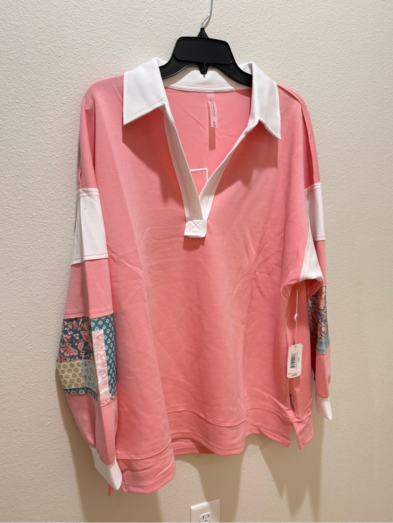 Simply Southern Tops - Simply Southern Pink Pullover with White Collar and Patterned Sleeve Panels